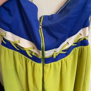 Blue and lime green strapless dress with detail